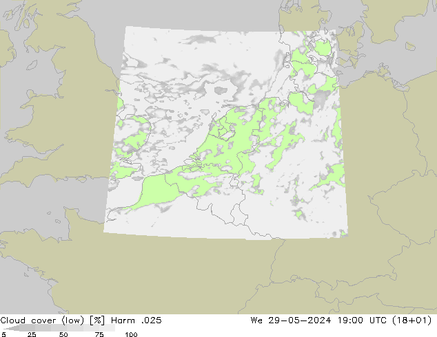 Cloud cover (low) Harm .025 We 29.05.2024 19 UTC