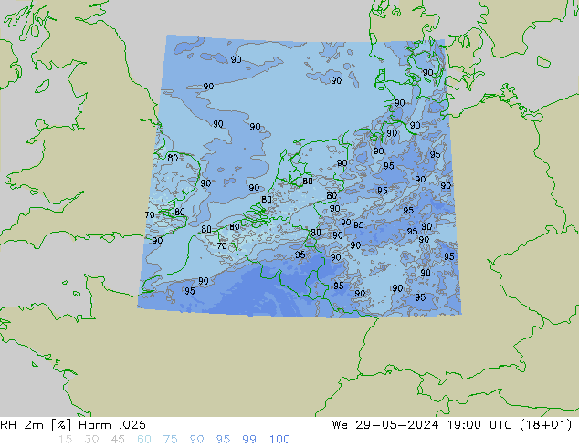 Humidité rel. 2m Harm .025 mer 29.05.2024 19 UTC