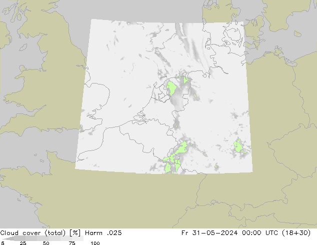 Cloud cover (total) Harm .025 Fr 31.05.2024 00 UTC