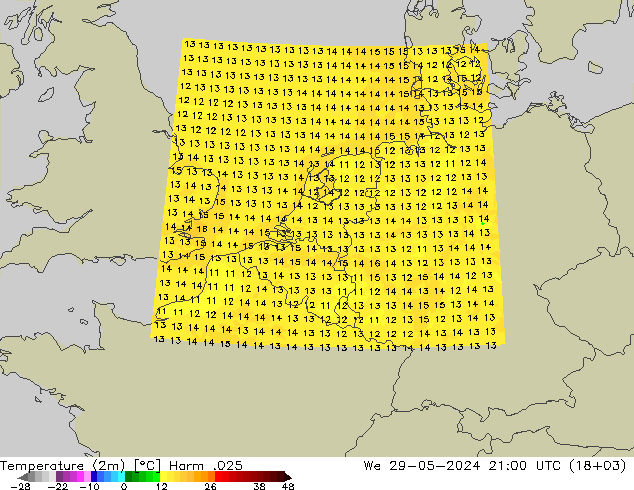 Temperaturkarte (2m) Harm .025 Mi 29.05.2024 21 UTC