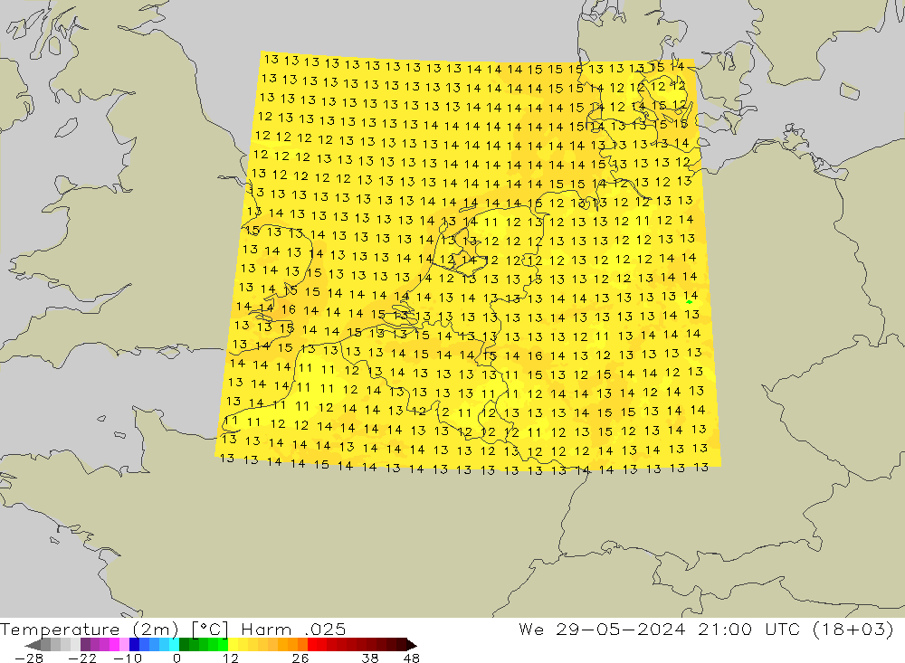 Temperatuurkaart (2m) Harm .025 wo 29.05.2024 21 UTC
