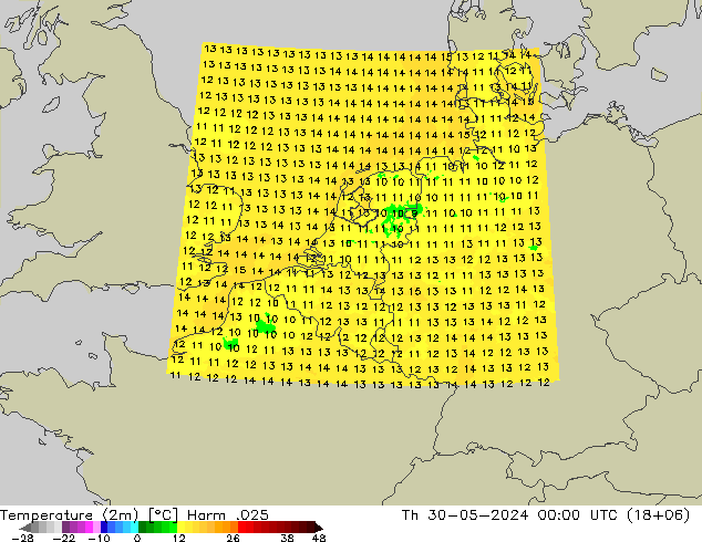 Temperatuurkaart (2m) Harm .025 do 30.05.2024 00 UTC
