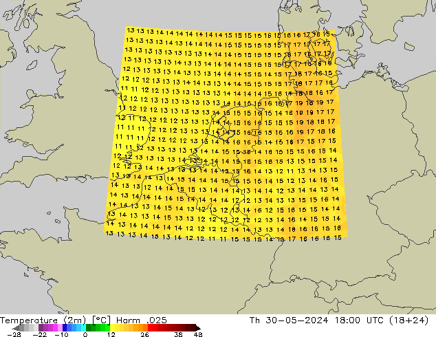 Temperature (2m) Harm .025 Th 30.05.2024 18 UTC