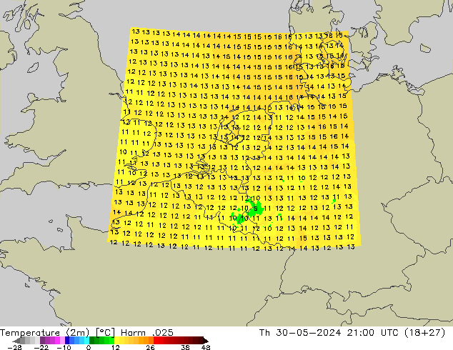 Temperaturkarte (2m) Harm .025 Do 30.05.2024 21 UTC