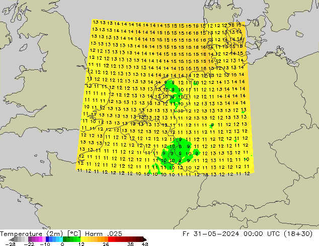 Temperaturkarte (2m) Harm .025 Fr 31.05.2024 00 UTC