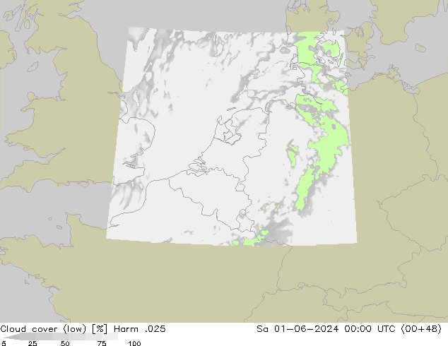 Cloud cover (low) Harm .025 Sa 01.06.2024 00 UTC