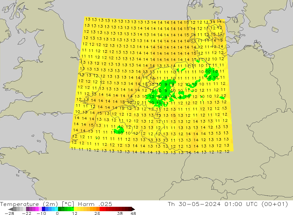 Temperatura (2m) Harm .025 jue 30.05.2024 01 UTC