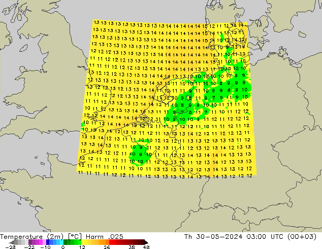 mapa temperatury (2m) Harm .025 czw. 30.05.2024 03 UTC