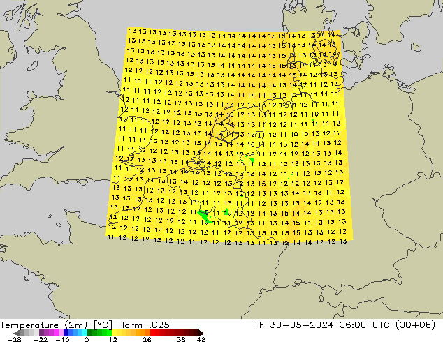 Temperaturkarte (2m) Harm .025 Do 30.05.2024 06 UTC