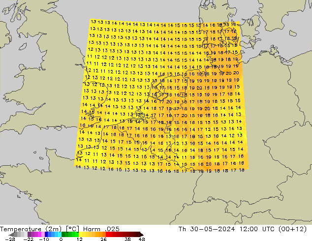 Temperature (2m) Harm .025 Čt 30.05.2024 12 UTC