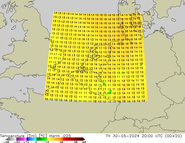 Temperaturkarte (2m) Harm .025 Do 30.05.2024 20 UTC