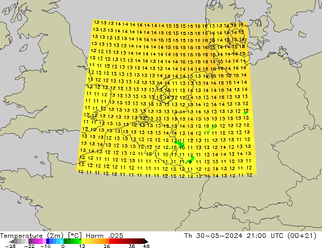 Temperature (2m) Harm .025 Čt 30.05.2024 21 UTC