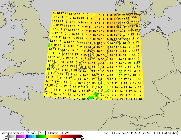 mapa temperatury (2m) Harm .025 so. 01.06.2024 00 UTC