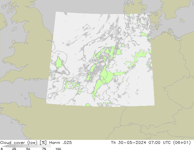 Cloud cover (low) Harm .025 Th 30.05.2024 07 UTC