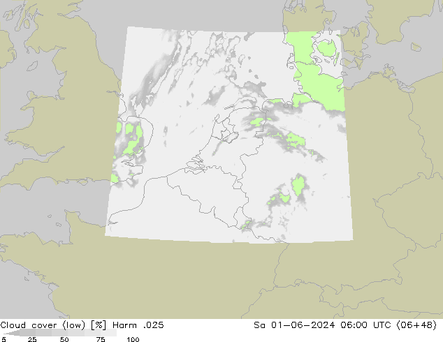 Cloud cover (low) Harm .025 Sa 01.06.2024 06 UTC