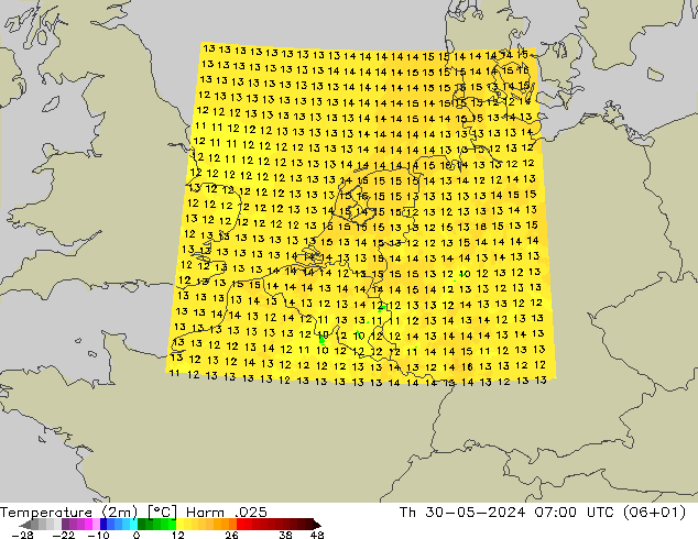 mapa temperatury (2m) Harm .025 czw. 30.05.2024 07 UTC