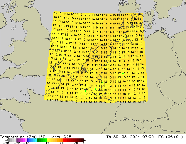 Temperatura (2m) Harm .025 Qui 30.05.2024 07 UTC