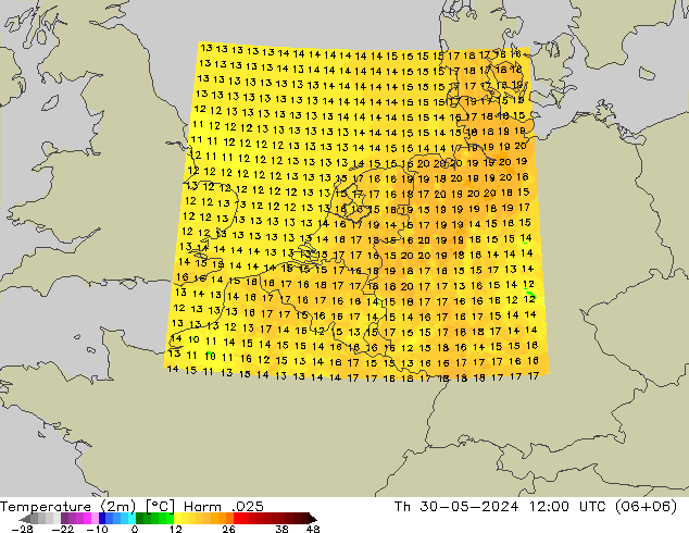 Temperaturkarte (2m) Harm .025 Do 30.05.2024 12 UTC