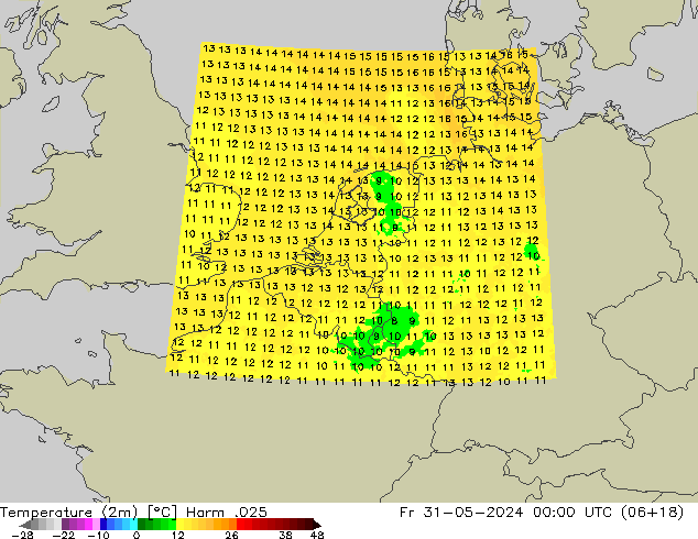 Temperature (2m) Harm .025 Fr 31.05.2024 00 UTC