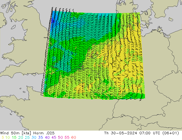 Wind 50m Harm .025 Th 30.05.2024 07 UTC