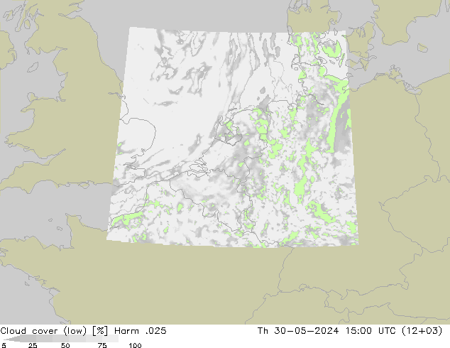 Cloud cover (low) Harm .025 Th 30.05.2024 15 UTC
