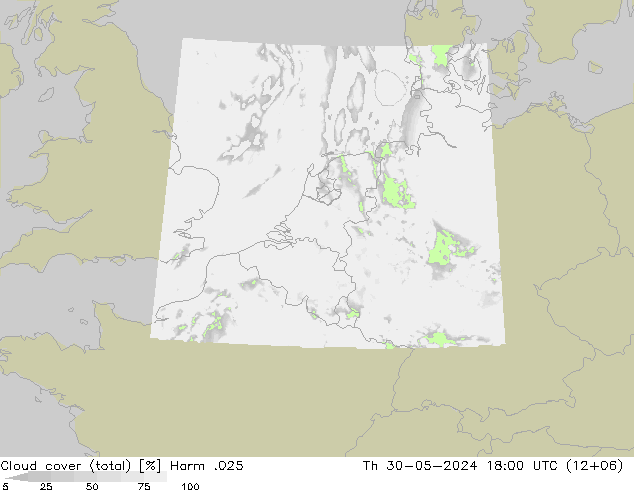 Cloud cover (total) Harm .025 Čt 30.05.2024 18 UTC