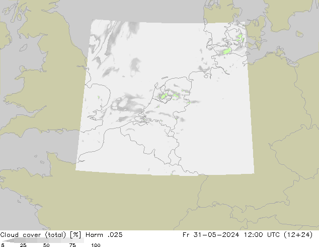 Cloud cover (total) Harm .025 Fr 31.05.2024 12 UTC