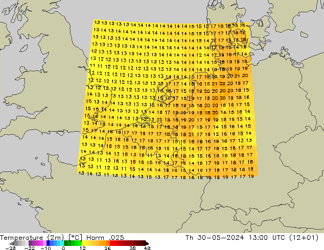 Temperaturkarte (2m) Harm .025 Do 30.05.2024 13 UTC