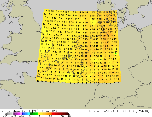 Temperatuurkaart (2m) Harm .025 do 30.05.2024 18 UTC