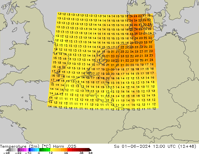 Temperaturkarte (2m) Harm .025 Sa 01.06.2024 12 UTC