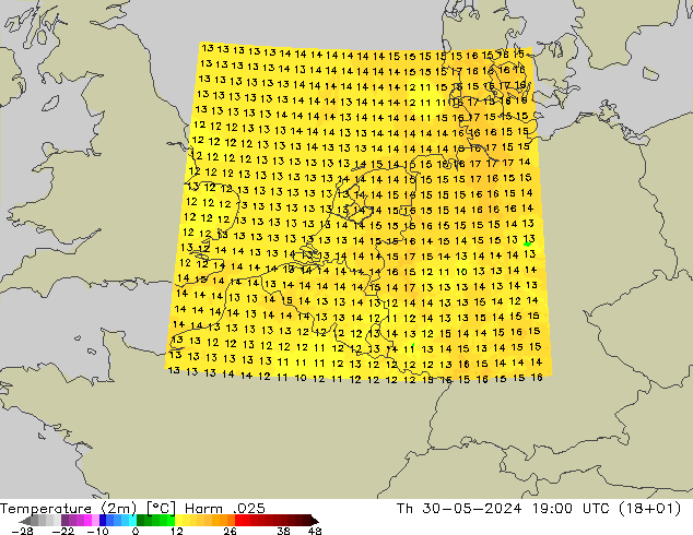 mapa temperatury (2m) Harm .025 czw. 30.05.2024 19 UTC
