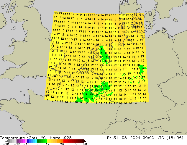 Temperature (2m) Harm .025 Fr 31.05.2024 00 UTC