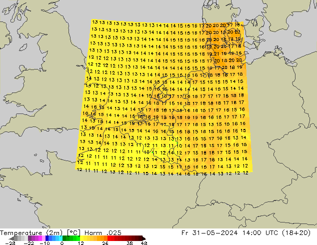 Temperaturkarte (2m) Harm .025 Fr 31.05.2024 14 UTC