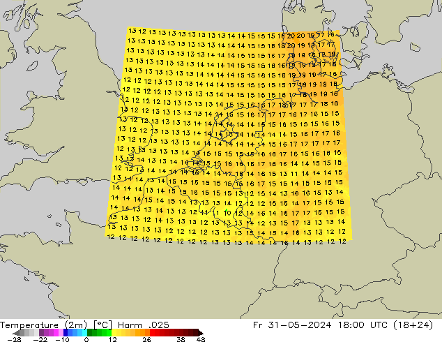 Temperature (2m) Harm .025 Fr 31.05.2024 18 UTC