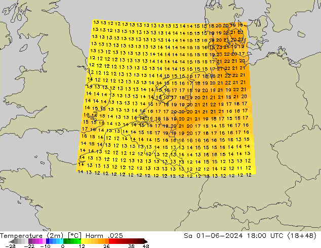 mapa temperatury (2m) Harm .025 so. 01.06.2024 18 UTC