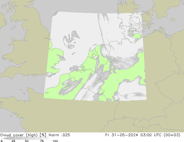 Cloud cover (high) Harm .025 Fr 31.05.2024 03 UTC