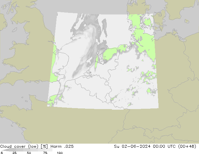 Cloud cover (low) Harm .025 Su 02.06.2024 00 UTC