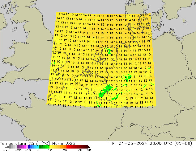 Temperaturkarte (2m) Harm .025 Fr 31.05.2024 06 UTC