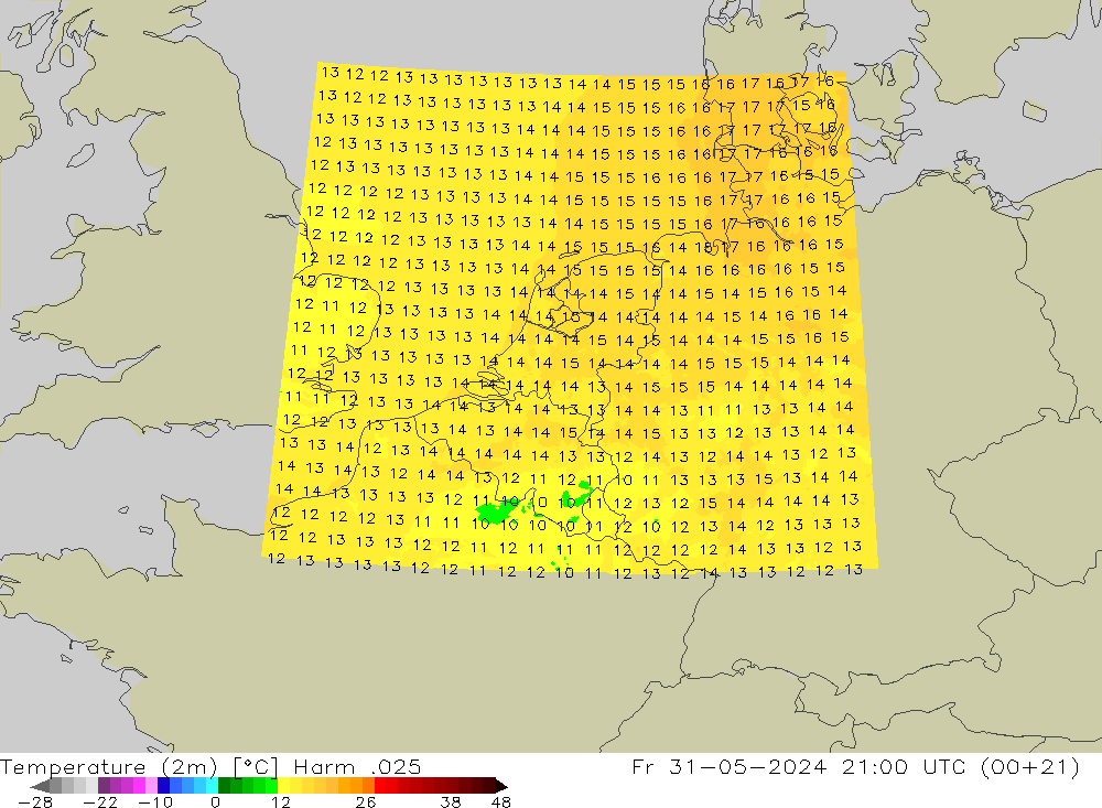 Temperature (2m) Harm .025 Fr 31.05.2024 21 UTC