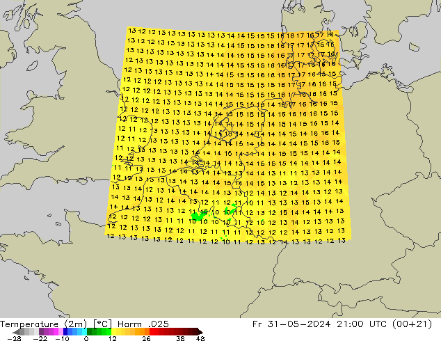 Sıcaklık Haritası (2m) Harm .025 Cu 31.05.2024 21 UTC