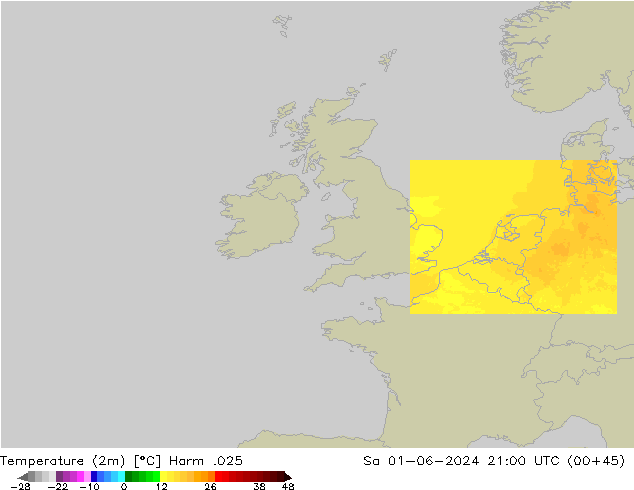 Sıcaklık Haritası (2m) Harm .025 Cts 01.06.2024 21 UTC