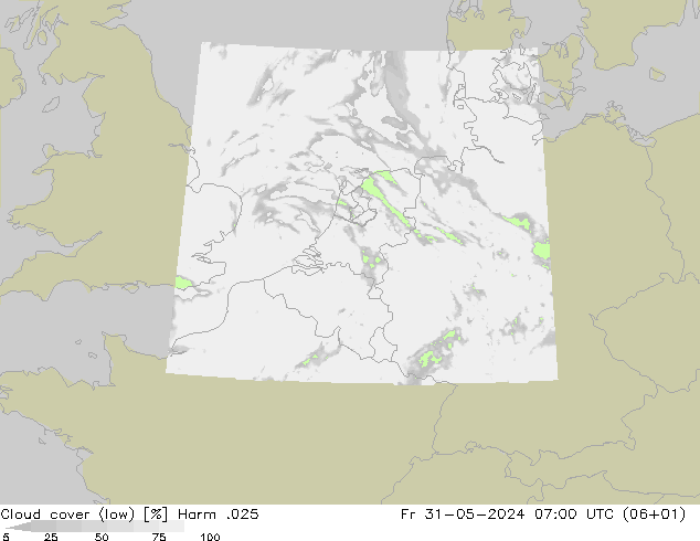 Cloud cover (low) Harm .025 Fr 31.05.2024 07 UTC