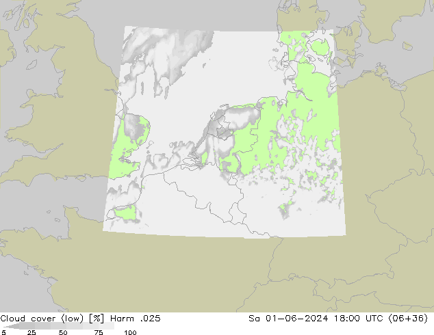 Cloud cover (low) Harm .025 Sa 01.06.2024 18 UTC