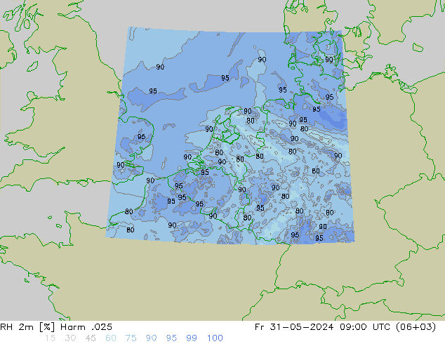 Humidité rel. 2m Harm .025 ven 31.05.2024 09 UTC