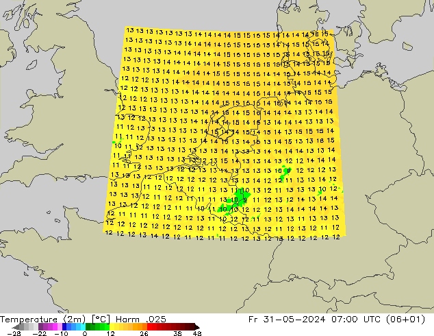 Temperatuurkaart (2m) Harm .025 vr 31.05.2024 07 UTC