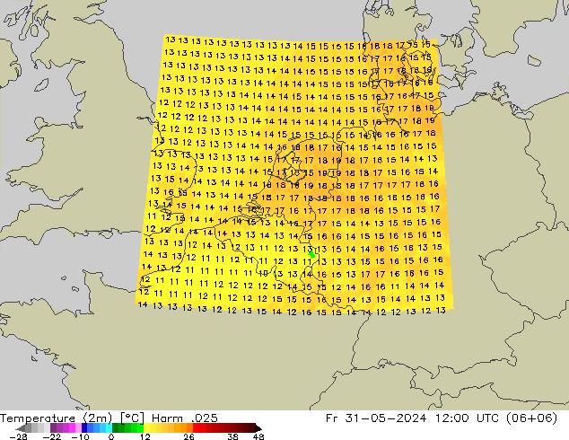 Temperatuurkaart (2m) Harm .025 vr 31.05.2024 12 UTC