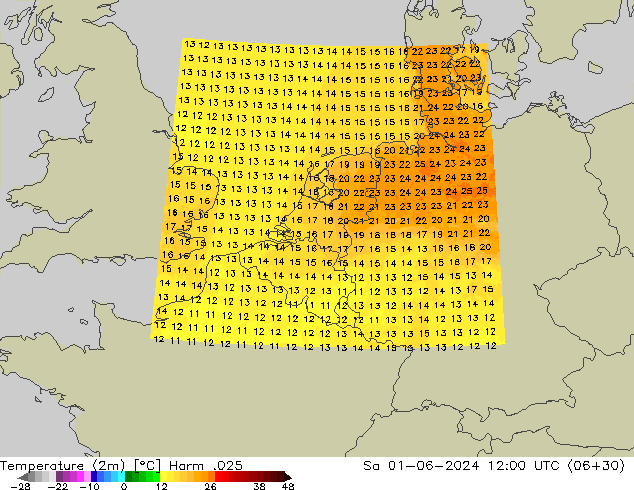 Temperatura (2m) Harm .025 sáb 01.06.2024 12 UTC