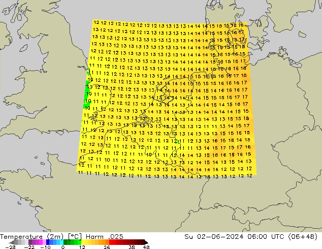 Temperatuurkaart (2m) Harm .025 zo 02.06.2024 06 UTC