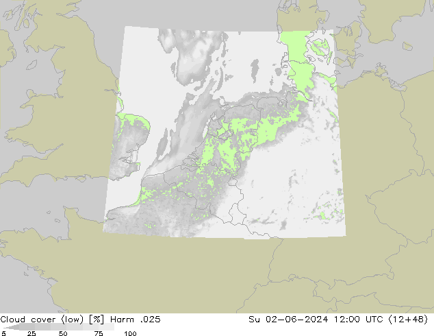 Cloud cover (low) Harm .025 Su 02.06.2024 12 UTC