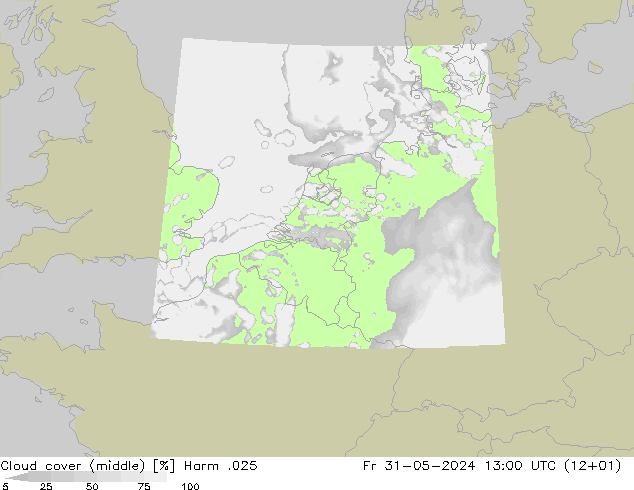 Cloud cover (middle) Harm .025 Fr 31.05.2024 13 UTC